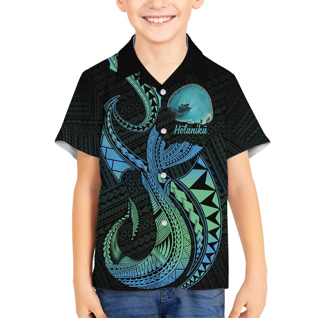 Personalised Hawaii Kure Atoll Family Matching Summer Maxi Dress and Hawaiian Shirt Holaniku Coral Reef with Polynesian Tribal LT9 Son's Shirt Blue - Polynesian Pride