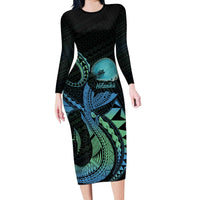 Personalised Hawaii Kure Atoll Long Sleeve Bodycon Dress Holaniku Coral Reef with Polynesian Tribal LT9 Long Dress Blue - Polynesian Pride