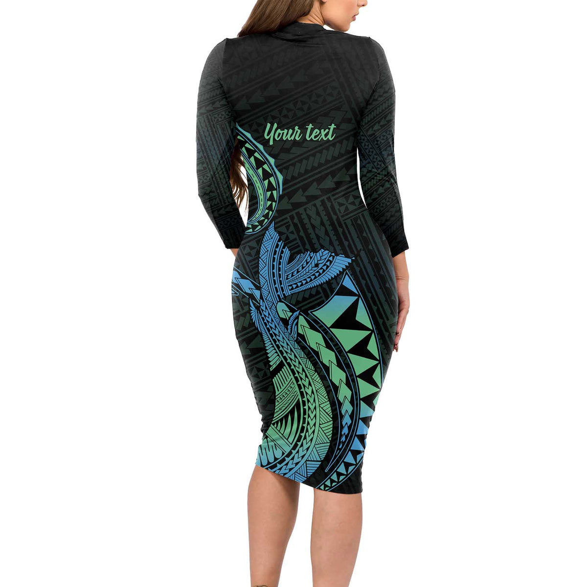 Personalised Hawaii Kure Atoll Long Sleeve Bodycon Dress Holaniku Coral Reef with Polynesian Tribal LT9 - Polynesian Pride