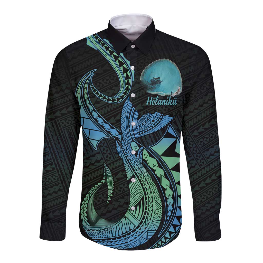 Personalised Hawaii Kure Atoll Long Sleeve Button Shirt Holaniku Coral Reef with Polynesian Tribal LT9 Unisex Blue - Polynesian Pride