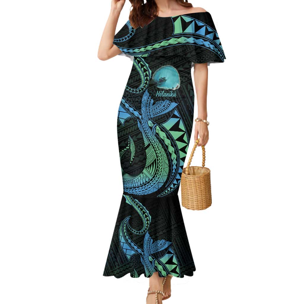 Personalised Hawaii Kure Atoll Mermaid Dress Holaniku Coral Reef with Polynesian Tribal LT9 Women Blue - Polynesian Pride