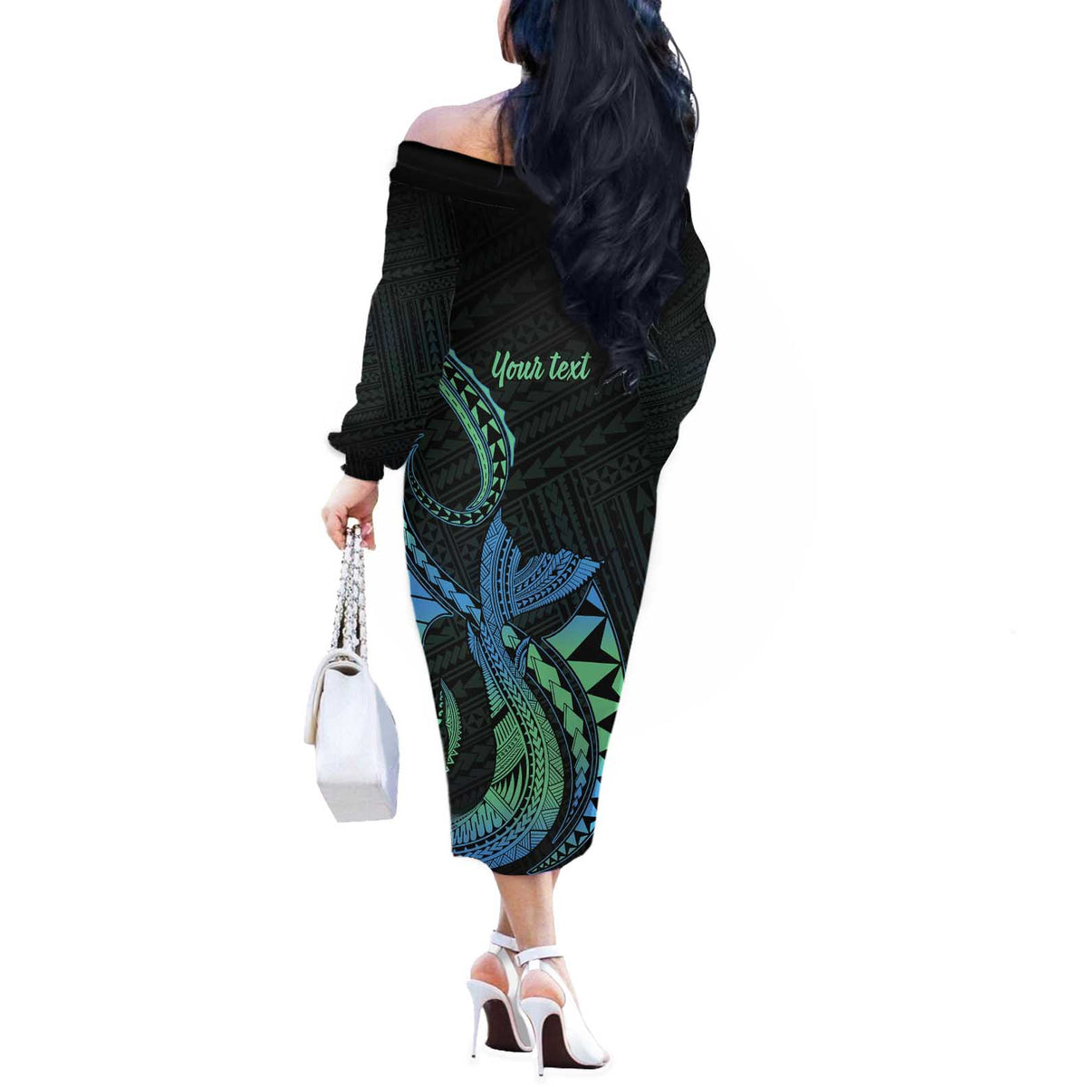 Personalised Hawaii Kure Atoll Off The Shoulder Long Sleeve Dress Holaniku Coral Reef with Polynesian Tribal LT9 - Polynesian Pride