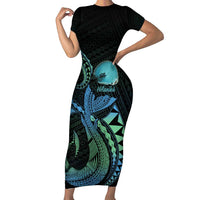 Personalised Hawaii Kure Atoll Short Sleeve Bodycon Dress Holaniku Coral Reef with Polynesian Tribal LT9 Long Dress Blue - Polynesian Pride