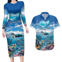 Personalised Palau Kayangel Atoll Couples Matching Long Sleeve Bodycon Dress and Hawaiian Shirt Turtle With Coral Reef Under Water LT9 Blue - Polynesian Pride