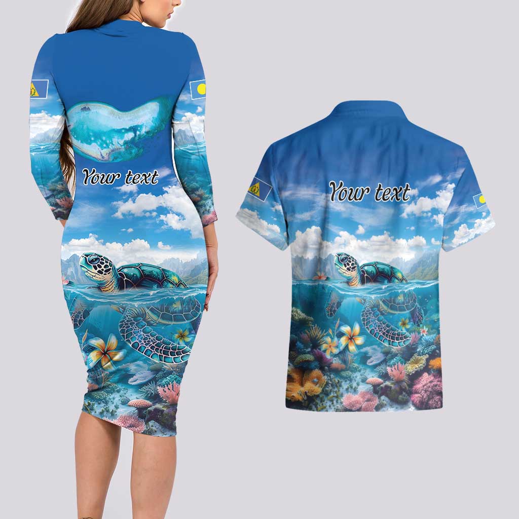 Personalised Palau Kayangel Atoll Couples Matching Long Sleeve Bodycon Dress and Hawaiian Shirt Turtle With Coral Reef Under Water LT9 - Polynesian Pride