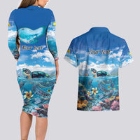 Personalised Palau Kayangel Atoll Couples Matching Long Sleeve Bodycon Dress and Hawaiian Shirt Turtle With Coral Reef Under Water LT9 - Polynesian Pride