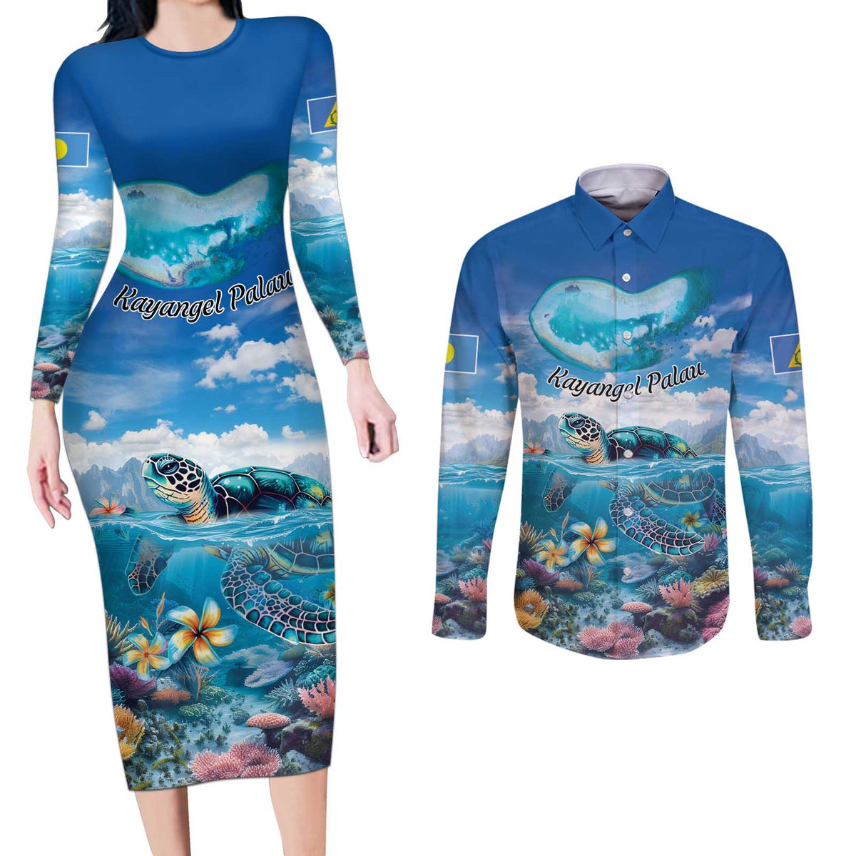 Personalised Palau Kayangel Atoll Couples Matching Long Sleeve Bodycon Dress and Long Sleeve Button Shirt Turtle With Coral Reef Under Water LT9 Blue - Polynesian Pride