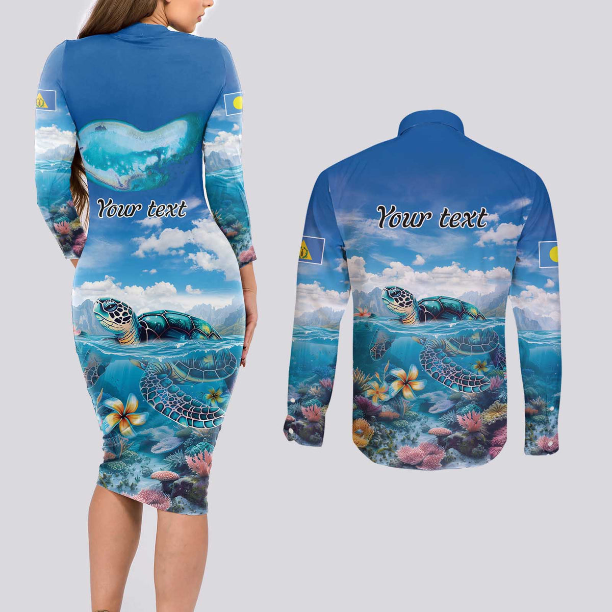 Personalised Palau Kayangel Atoll Couples Matching Long Sleeve Bodycon Dress and Long Sleeve Button Shirt Turtle With Coral Reef Under Water LT9 - Polynesian Pride