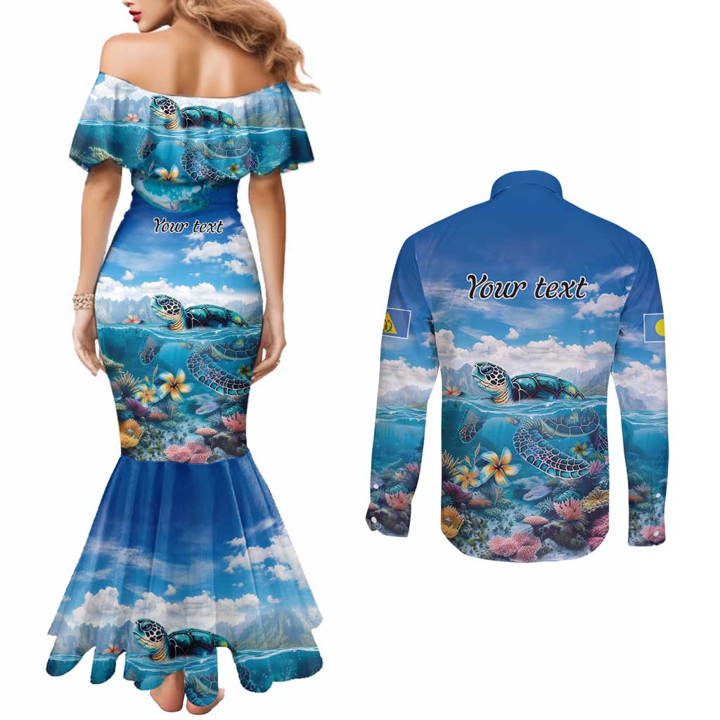 Personalised Palau Kayangel Atoll Couples Matching Mermaid Dress and Long Sleeve Button Shirt Turtle With Coral Reef Under Water LT9 - Polynesian Pride