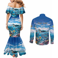 Personalised Palau Kayangel Atoll Couples Matching Mermaid Dress and Long Sleeve Button Shirt Turtle With Coral Reef Under Water LT9 - Polynesian Pride