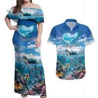 Personalised Palau Kayangel Atoll Couples Matching Off Shoulder Maxi Dress and Hawaiian Shirt Turtle With Coral Reef Under Water LT9 Blue - Polynesian Pride