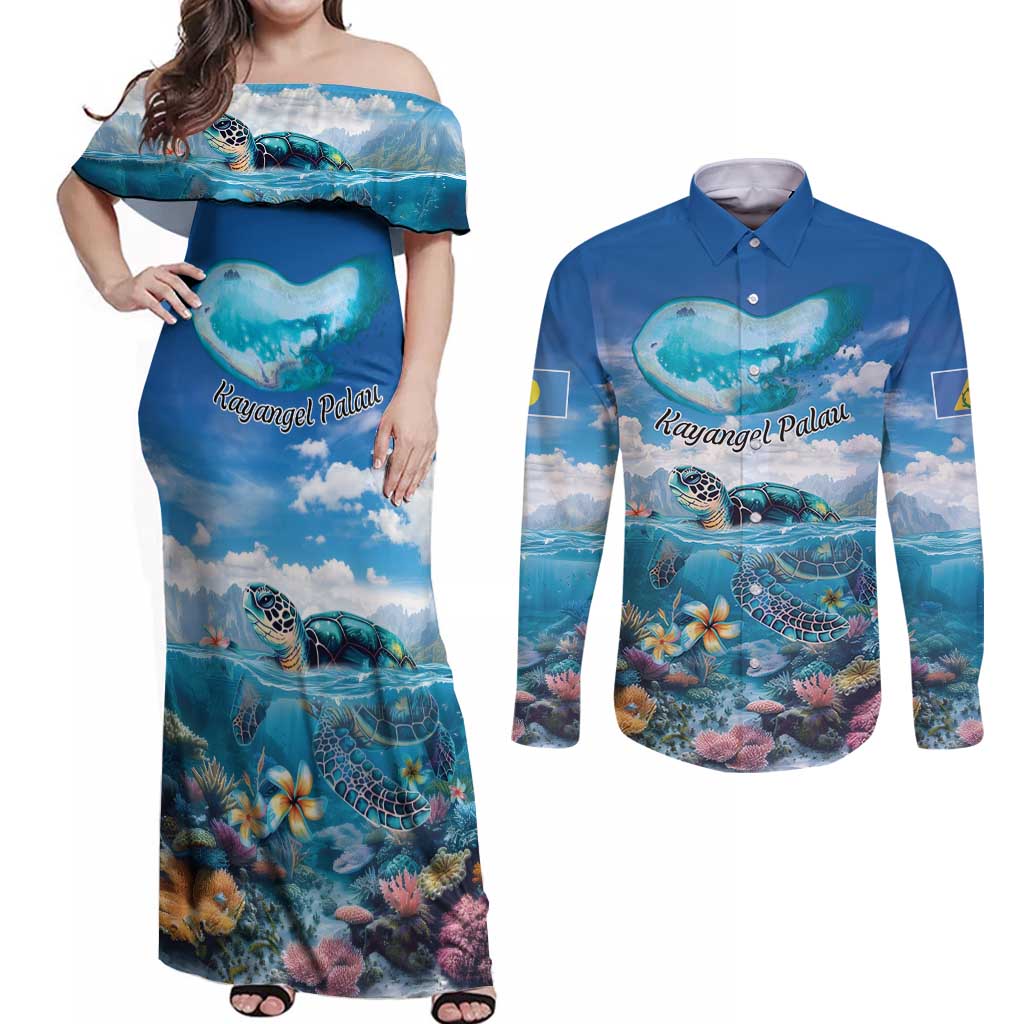 Personalised Palau Kayangel Atoll Couples Matching Off Shoulder Maxi Dress and Long Sleeve Button Shirt Turtle With Coral Reef Under Water LT9 Blue - Polynesian Pride