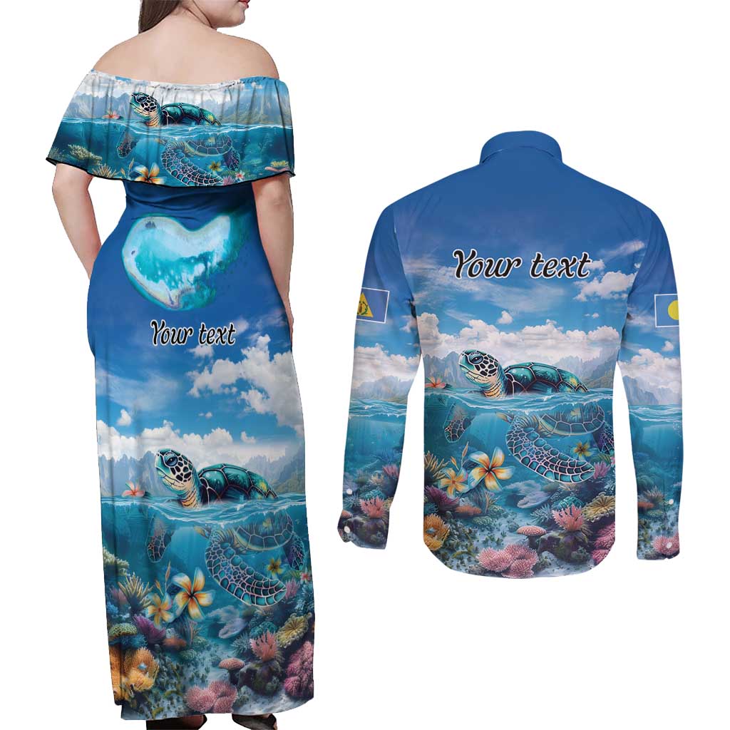 Personalised Palau Kayangel Atoll Couples Matching Off Shoulder Maxi Dress and Long Sleeve Button Shirt Turtle With Coral Reef Under Water LT9 - Polynesian Pride