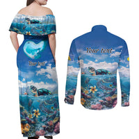 Personalised Palau Kayangel Atoll Couples Matching Off Shoulder Maxi Dress and Long Sleeve Button Shirt Turtle With Coral Reef Under Water LT9 - Polynesian Pride