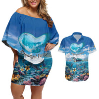 Personalised Palau Kayangel Atoll Couples Matching Off Shoulder Short Dress and Hawaiian Shirt Turtle With Coral Reef Under Water LT9 Blue - Polynesian Pride