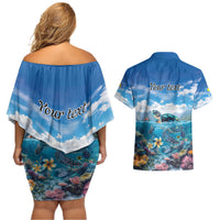 Personalised Palau Kayangel Atoll Couples Matching Off Shoulder Short Dress and Hawaiian Shirt Turtle With Coral Reef Under Water LT9 - Polynesian Pride