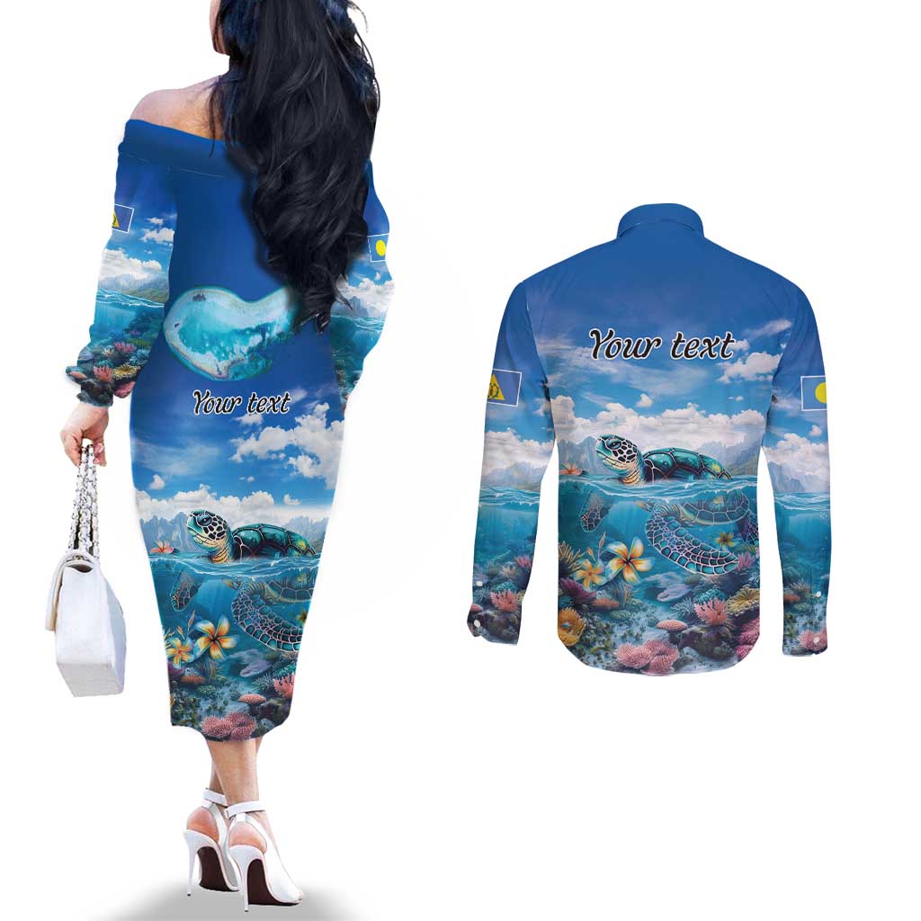 Personalised Palau Kayangel Atoll Couples Matching Off The Shoulder Long Sleeve Dress and Long Sleeve Button Shirt Turtle With Coral Reef Under Water LT9 - Polynesian Pride