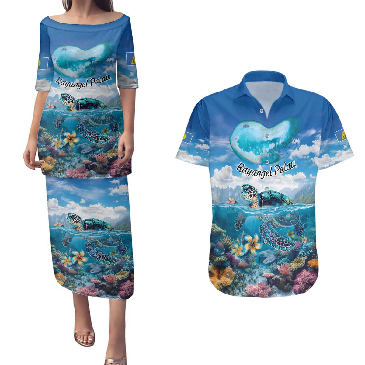 Personalised Palau Kayangel Atoll Couples Matching Puletasi and Hawaiian Shirt Turtle With Coral Reef Under Water LT9 Blue - Polynesian Pride