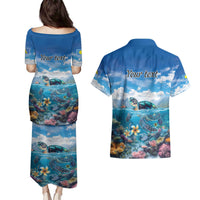 Personalised Palau Kayangel Atoll Couples Matching Puletasi and Hawaiian Shirt Turtle With Coral Reef Under Water LT9 - Polynesian Pride