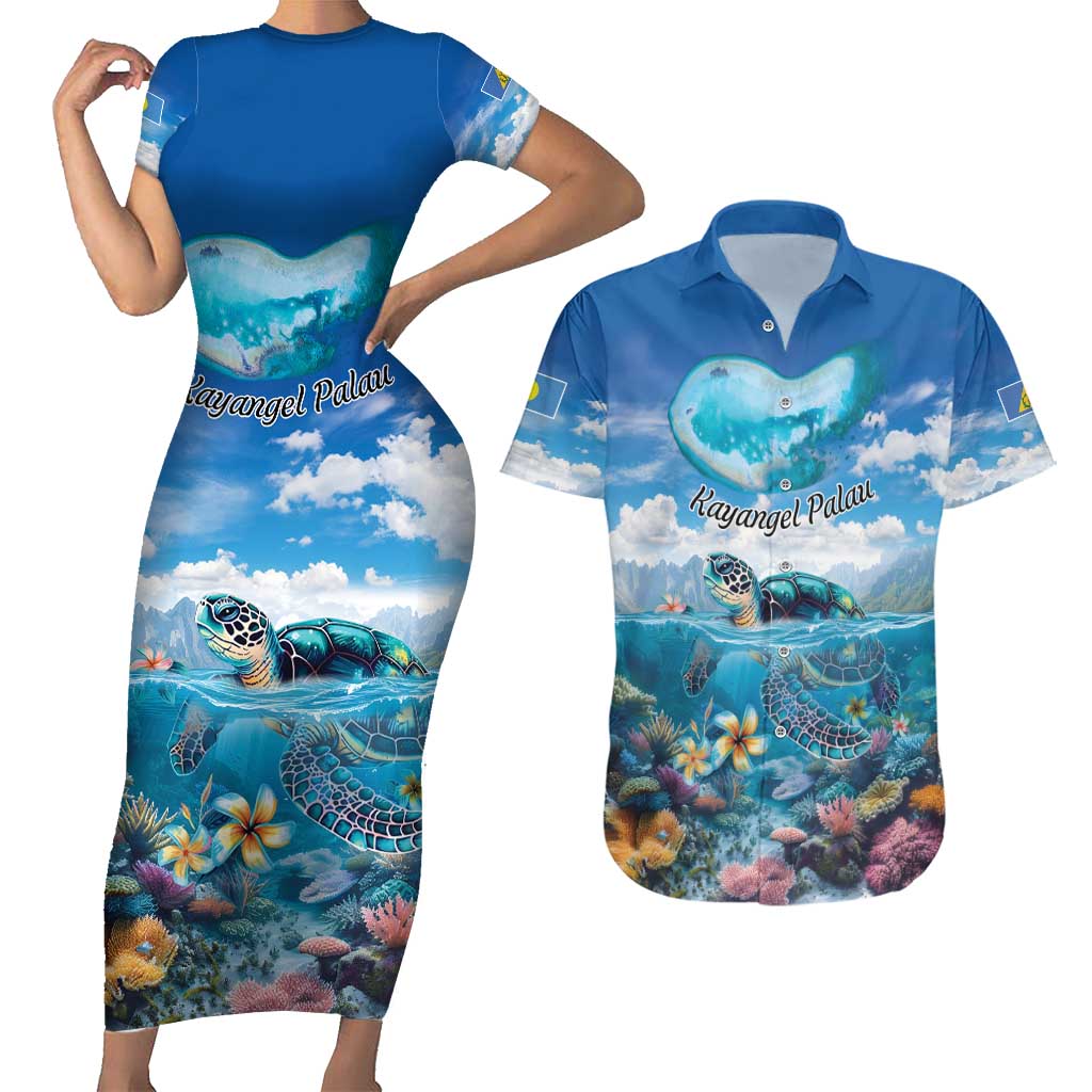 Personalised Palau Kayangel Atoll Couples Matching Short Sleeve Bodycon Dress and Hawaiian Shirt Turtle With Coral Reef Under Water LT9 Blue - Polynesian Pride