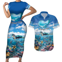 Personalised Palau Kayangel Atoll Couples Matching Short Sleeve Bodycon Dress and Hawaiian Shirt Turtle With Coral Reef Under Water LT9 Blue - Polynesian Pride