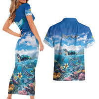 Personalised Palau Kayangel Atoll Couples Matching Short Sleeve Bodycon Dress and Hawaiian Shirt Turtle With Coral Reef Under Water LT9 - Polynesian Pride