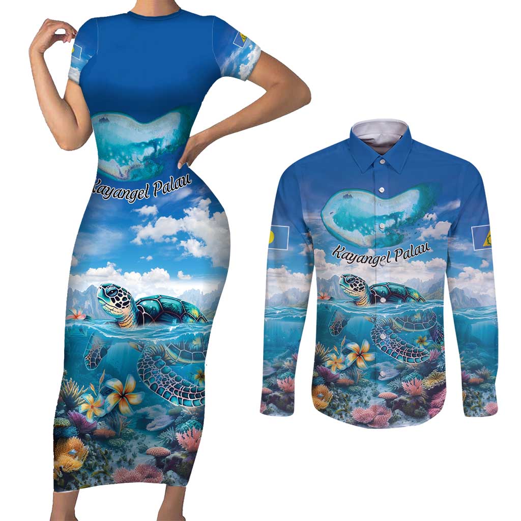 Personalised Palau Kayangel Atoll Couples Matching Short Sleeve Bodycon Dress and Long Sleeve Button Shirt Turtle With Coral Reef Under Water LT9 Blue - Polynesian Pride