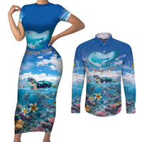 Personalised Palau Kayangel Atoll Couples Matching Short Sleeve Bodycon Dress and Long Sleeve Button Shirt Turtle With Coral Reef Under Water LT9 Blue - Polynesian Pride