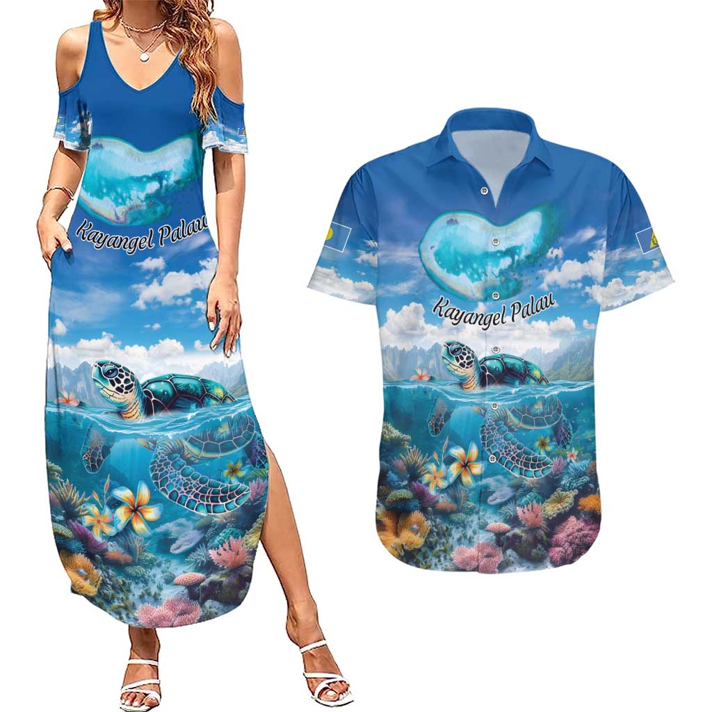 Personalised Palau Kayangel Atoll Couples Matching Summer Maxi Dress and Hawaiian Shirt Turtle With Coral Reef Under Water LT9 Blue - Polynesian Pride