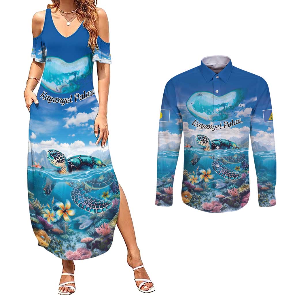 Personalised Palau Kayangel Atoll Couples Matching Summer Maxi Dress and Long Sleeve Button Shirt Turtle With Coral Reef Under Water LT9 Blue - Polynesian Pride