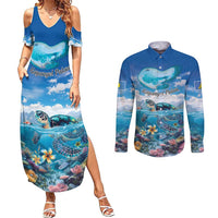 Personalised Palau Kayangel Atoll Couples Matching Summer Maxi Dress and Long Sleeve Button Shirt Turtle With Coral Reef Under Water LT9 Blue - Polynesian Pride