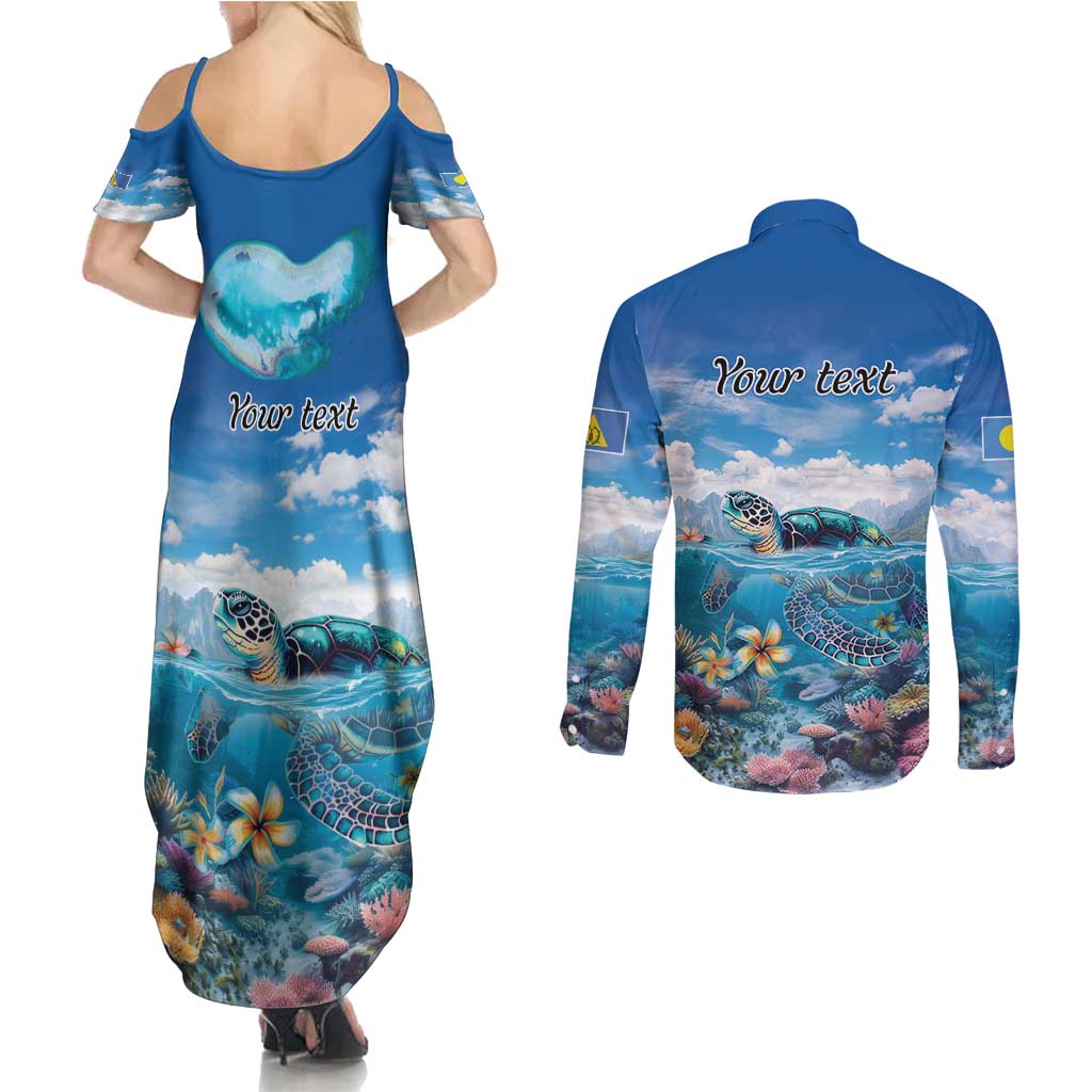 Personalised Palau Kayangel Atoll Couples Matching Summer Maxi Dress and Long Sleeve Button Shirt Turtle With Coral Reef Under Water LT9 - Polynesian Pride