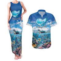 Personalised Palau Kayangel Atoll Couples Matching Tank Maxi Dress and Hawaiian Shirt Turtle With Coral Reef Under Water LT9 Blue - Polynesian Pride