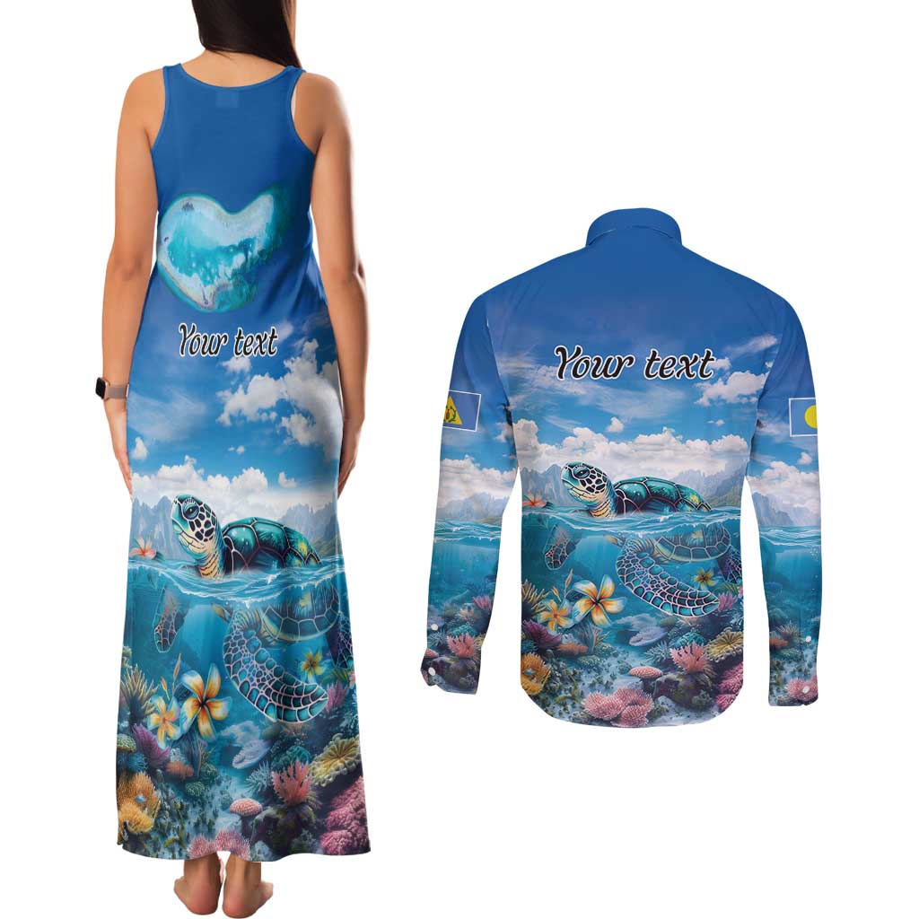 Personalised Palau Kayangel Atoll Couples Matching Tank Maxi Dress and Long Sleeve Button Shirt Turtle With Coral Reef Under Water LT9 - Polynesian Pride