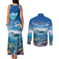 Personalised Palau Kayangel Atoll Couples Matching Tank Maxi Dress and Long Sleeve Button Shirt Turtle With Coral Reef Under Water LT9 - Polynesian Pride