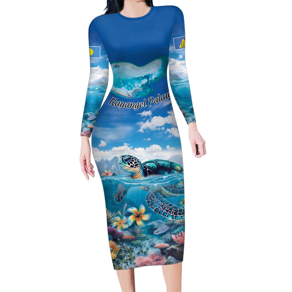 Personalised Palau Kayangel Atoll Family Matching Long Sleeve Bodycon Dress and Hawaiian Shirt Turtle With Coral Reef Under Water LT9 Mom's Dress Blue - Polynesian Pride