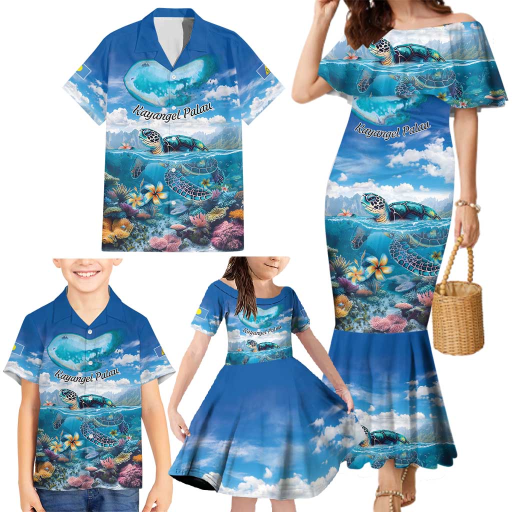 Personalised Palau Kayangel Atoll Family Matching Mermaid Dress and Hawaiian Shirt Turtle With Coral Reef Under Water LT9 - Polynesian Pride