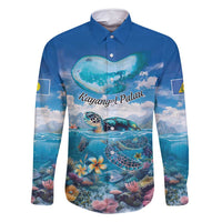 Personalised Palau Kayangel Atoll Family Matching Mermaid Dress and Hawaiian Shirt Turtle With Coral Reef Under Water LT9 Dad's Shirt - Long Sleeve Blue - Polynesian Pride
