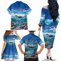 Personalised Palau Kayangel Atoll Family Matching Off The Shoulder Long Sleeve Dress and Hawaiian Shirt Turtle With Coral Reef Under Water LT9 - Polynesian Pride