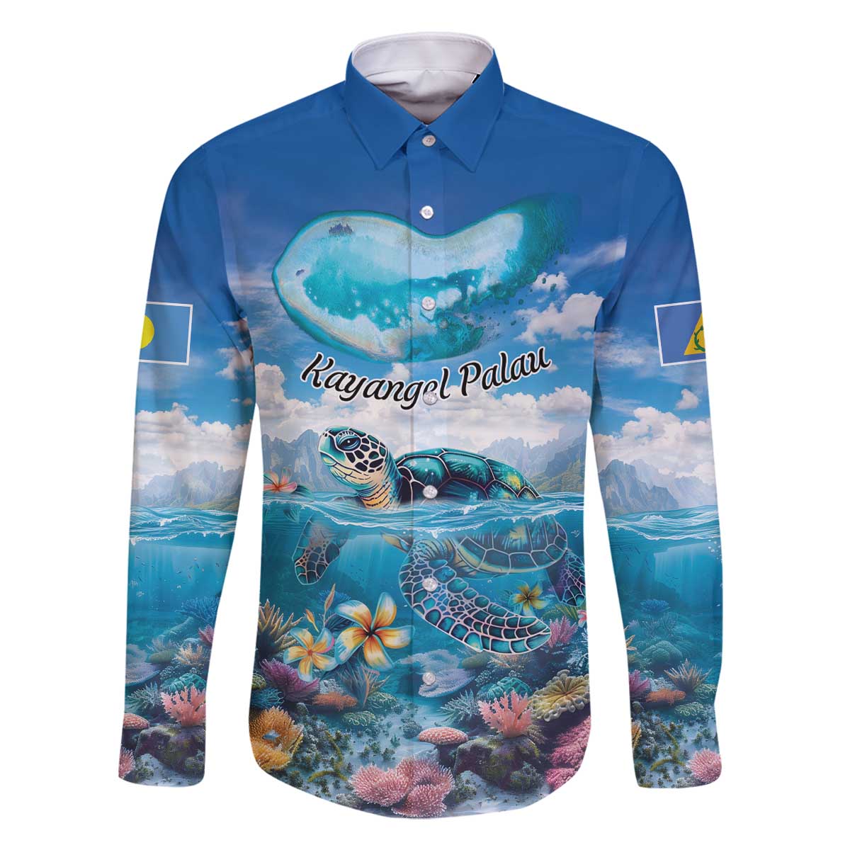 Personalised Palau Kayangel Atoll Family Matching Off The Shoulder Long Sleeve Dress and Hawaiian Shirt Turtle With Coral Reef Under Water LT9 Dad's Shirt - Long Sleeve Blue - Polynesian Pride