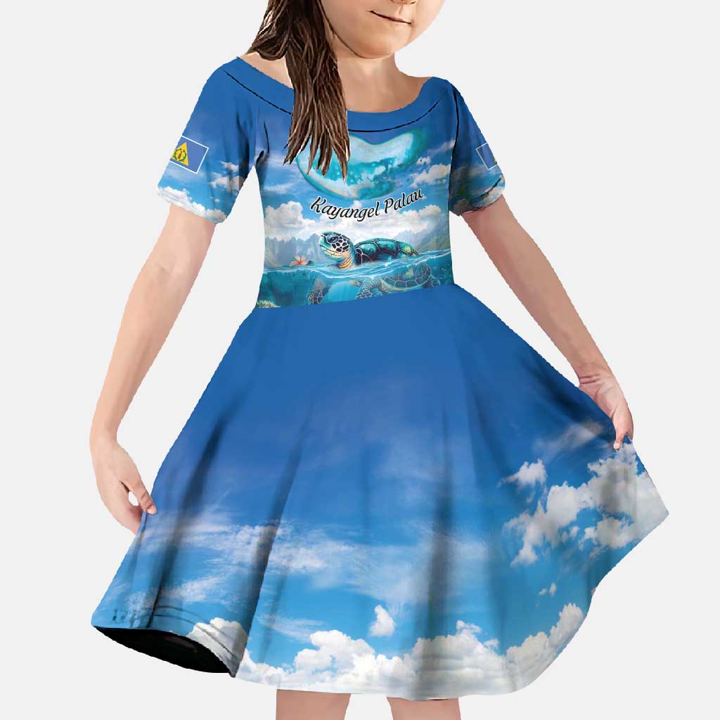 Personalised Palau Kayangel Atoll Family Matching Off Shoulder Maxi Dress and Hawaiian Shirt Turtle With Coral Reef Under Water LT9 Daughter's Dress Blue - Polynesian Pride