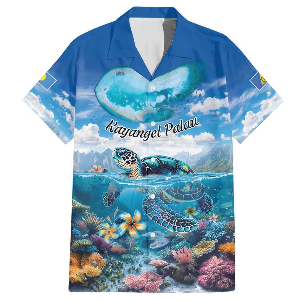 Personalised Palau Kayangel Atoll Family Matching Off Shoulder Maxi Dress and Hawaiian Shirt Turtle With Coral Reef Under Water LT9 Dad's Shirt - Short Sleeve Blue - Polynesian Pride