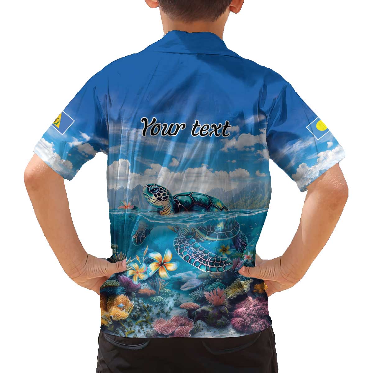 Personalised Palau Kayangel Atoll Family Matching Off Shoulder Short Dress and Hawaiian Shirt Turtle With Coral Reef Under Water LT9 - Polynesian Pride