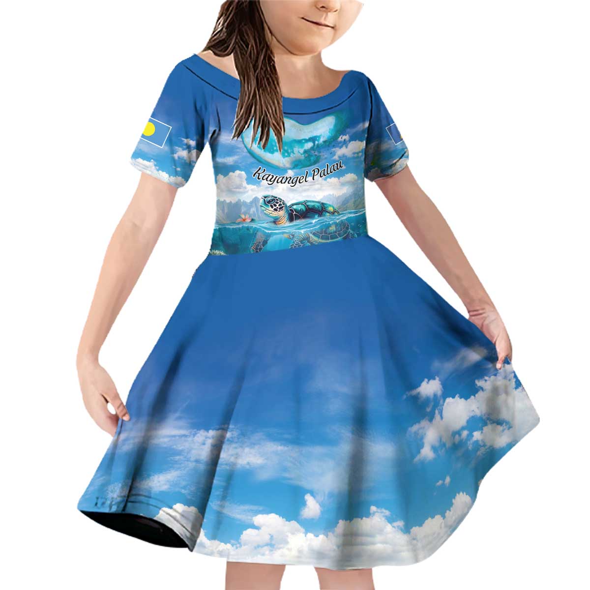 Personalised Palau Kayangel Atoll Family Matching Off Shoulder Short Dress and Hawaiian Shirt Turtle With Coral Reef Under Water LT9 Daughter's Dress Blue - Polynesian Pride