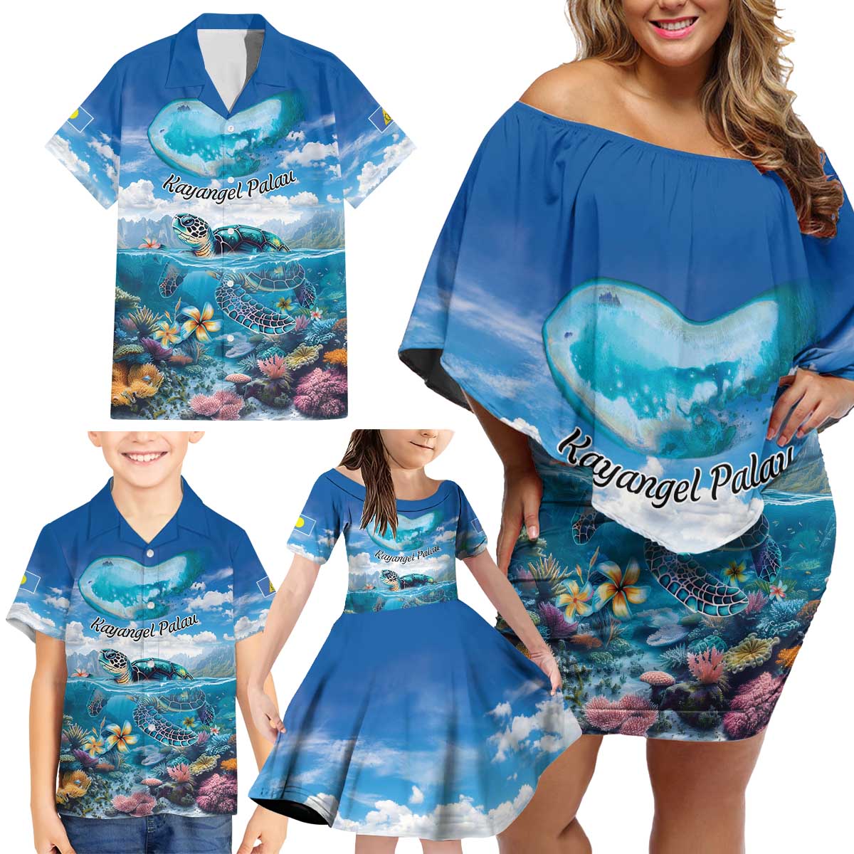 Personalised Palau Kayangel Atoll Family Matching Off Shoulder Short Dress and Hawaiian Shirt Turtle With Coral Reef Under Water LT9 - Polynesian Pride