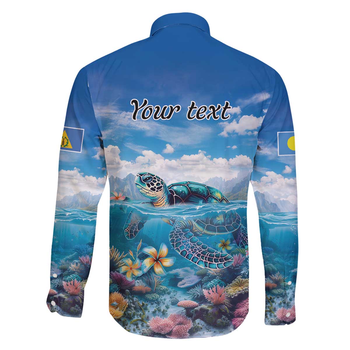 Personalised Palau Kayangel Atoll Family Matching Off Shoulder Short Dress and Hawaiian Shirt Turtle With Coral Reef Under Water LT9 - Polynesian Pride