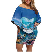 Personalised Palau Kayangel Atoll Family Matching Off Shoulder Short Dress and Hawaiian Shirt Turtle With Coral Reef Under Water LT9 Mom's Dress Blue - Polynesian Pride