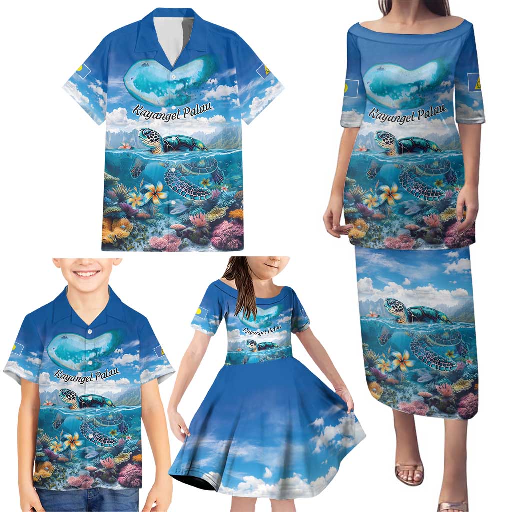 Personalised Palau Kayangel Atoll Family Matching Puletasi and Hawaiian Shirt Turtle With Coral Reef Under Water LT9 - Polynesian Pride