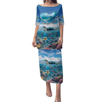 Personalised Palau Kayangel Atoll Family Matching Puletasi and Hawaiian Shirt Turtle With Coral Reef Under Water LT9 Mom's Dress Blue - Polynesian Pride