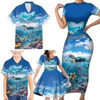 Personalised Palau Kayangel Atoll Family Matching Short Sleeve Bodycon Dress and Hawaiian Shirt Turtle With Coral Reef Under Water LT9 - Polynesian Pride